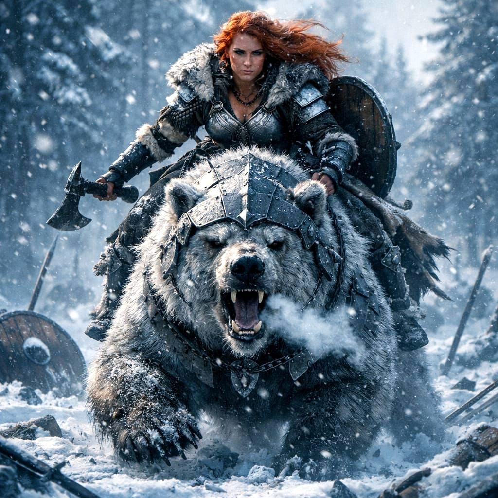 Viking Shield-Maiden Rides War Bear in Snowy Battle
