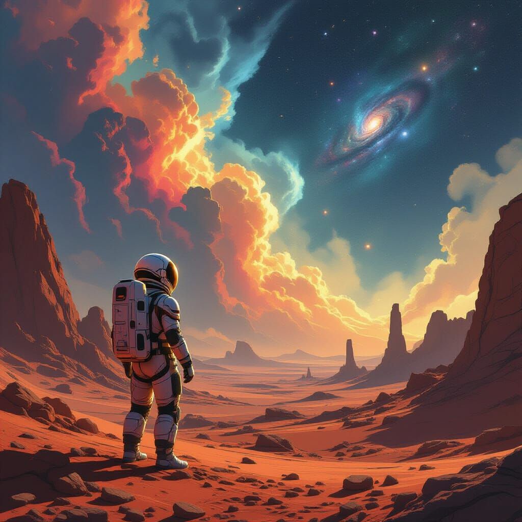 Astronaut on Alien Planet Gazing at Cosmic Sky