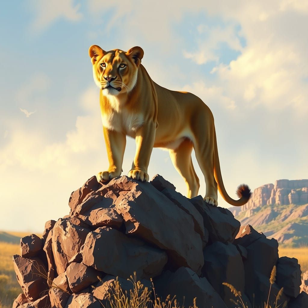 Majestic Lioness Embodies Intrepidness Amidst Golden Savanna...