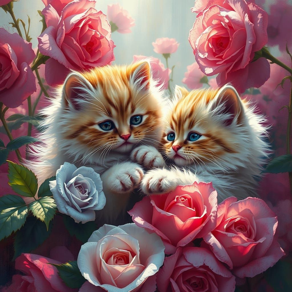 Vibrant Fluffy Kittens in a Whimsical Rose Garden