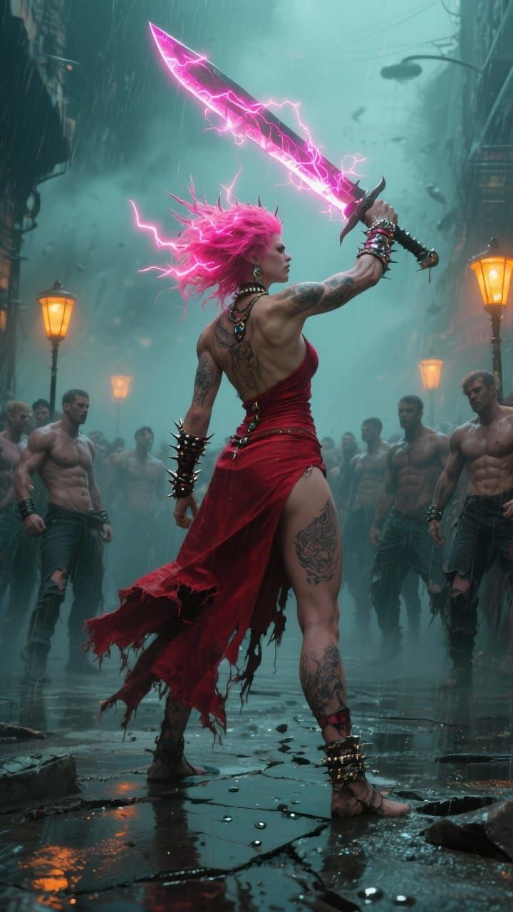 Warrior Queen in Fog-Drenched Cyberpunk Street
