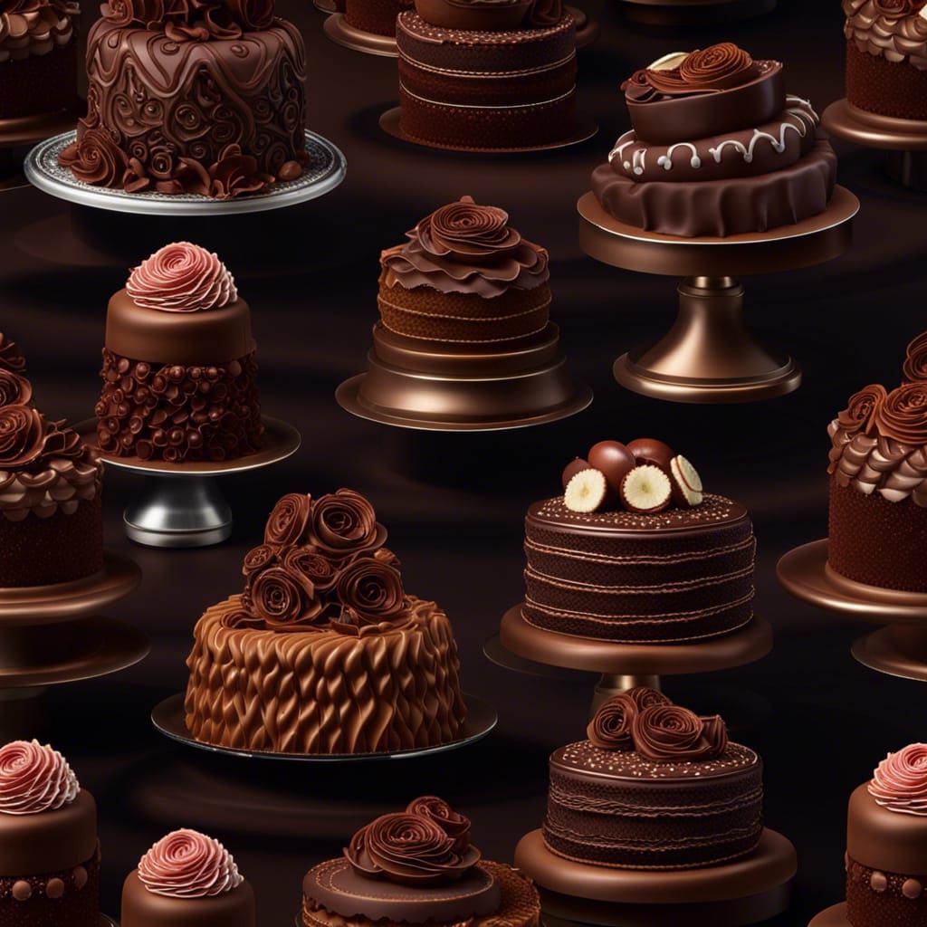 Ornate Chocolate Cakes in Chocolate Shop, Photorealistic