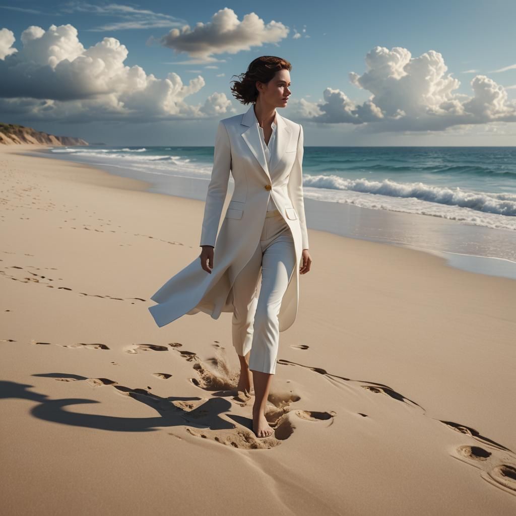 Woman in White Suit on Sandy Beach in Art Nouveau Style
