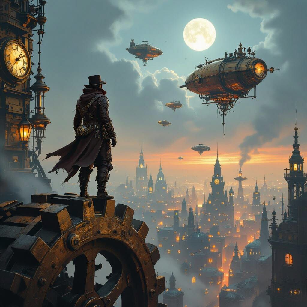 Steampunk Explorer Overlooks Brass Metropolis
