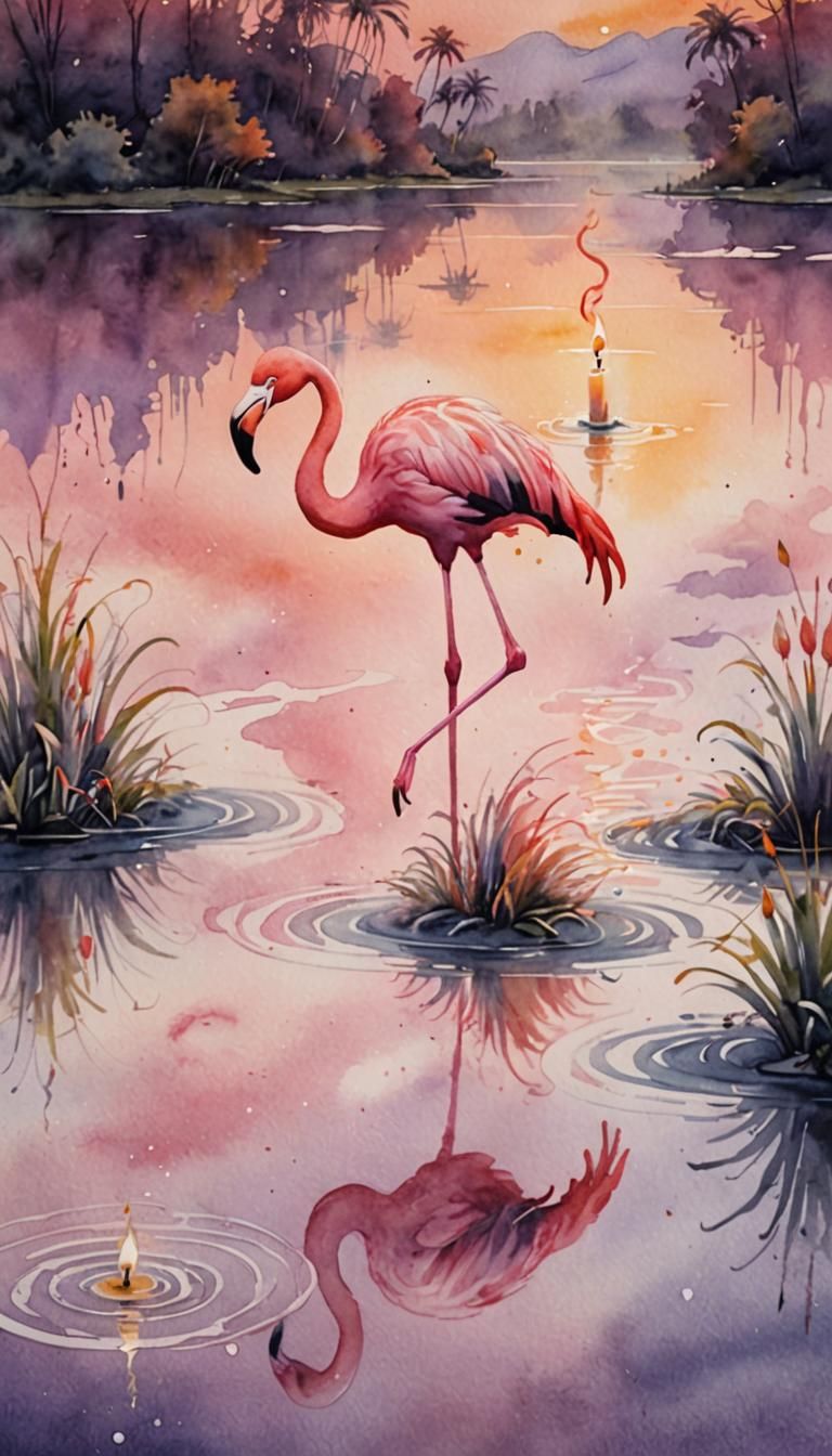 Watercolor Pink Flamingo Over Serene Lake