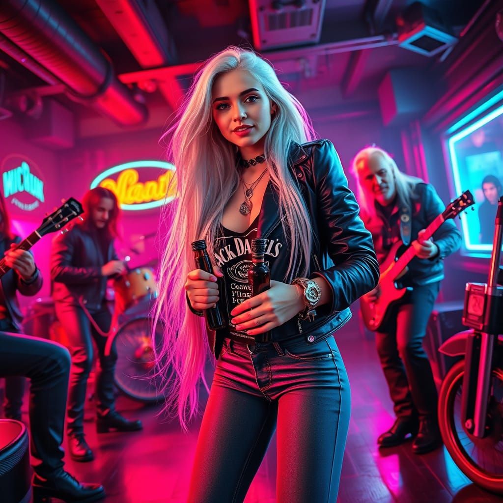 Neon Goddess in Leather and Chrome