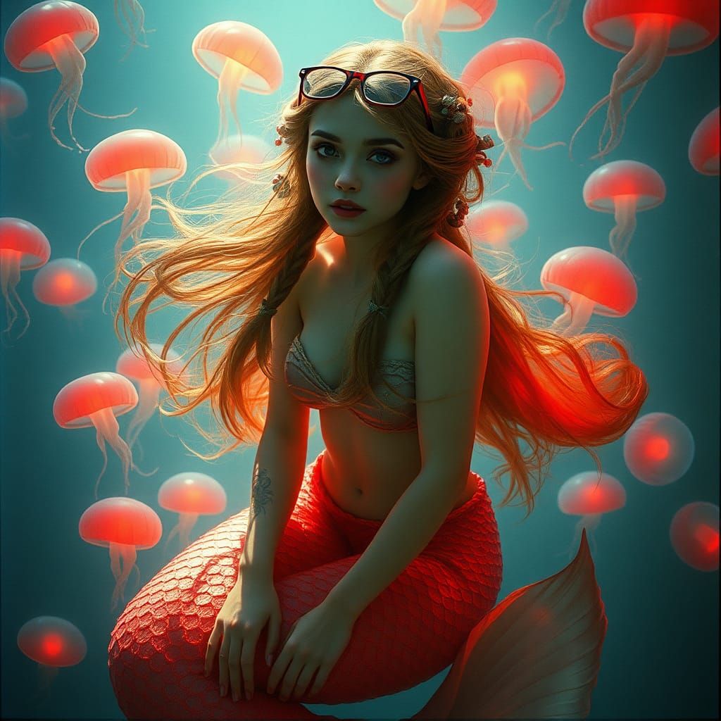 Mystical Mermaid Undersea with Glowing Jellyfish