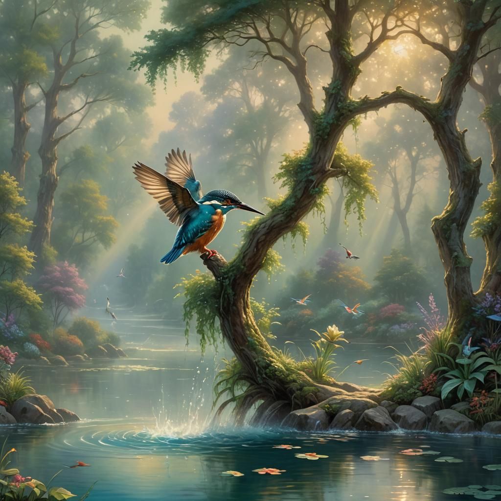 Kingfisher Diving: Ethereal Fantasy Lake Scene