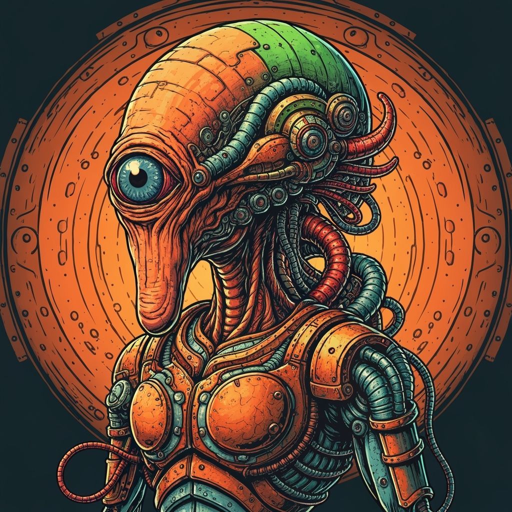 Intricate Steampunk Alien with Large Eye and Mechanical Part...
