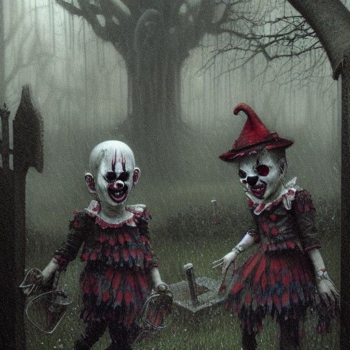 Creepy Clowns Dance in Graveyard: High Detail Fantasy