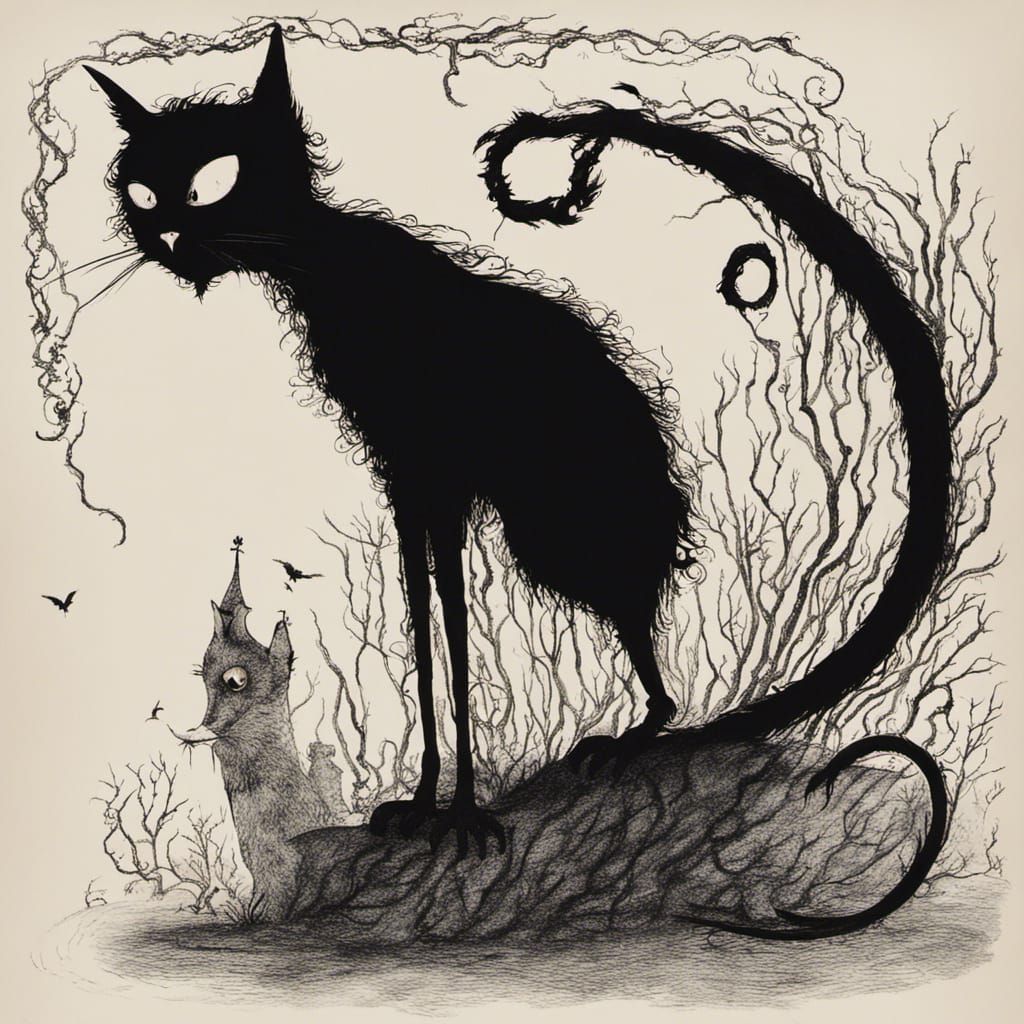 Gothic Black Cat Illustration in Stop-Motion Style