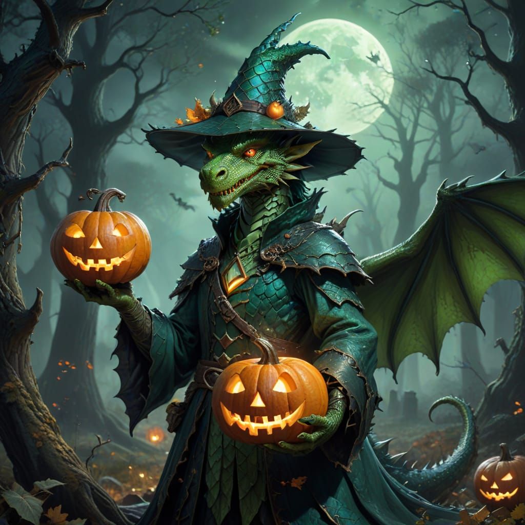 Friendly Green Dragon in Witch Costume with Jack-o'-Lantern