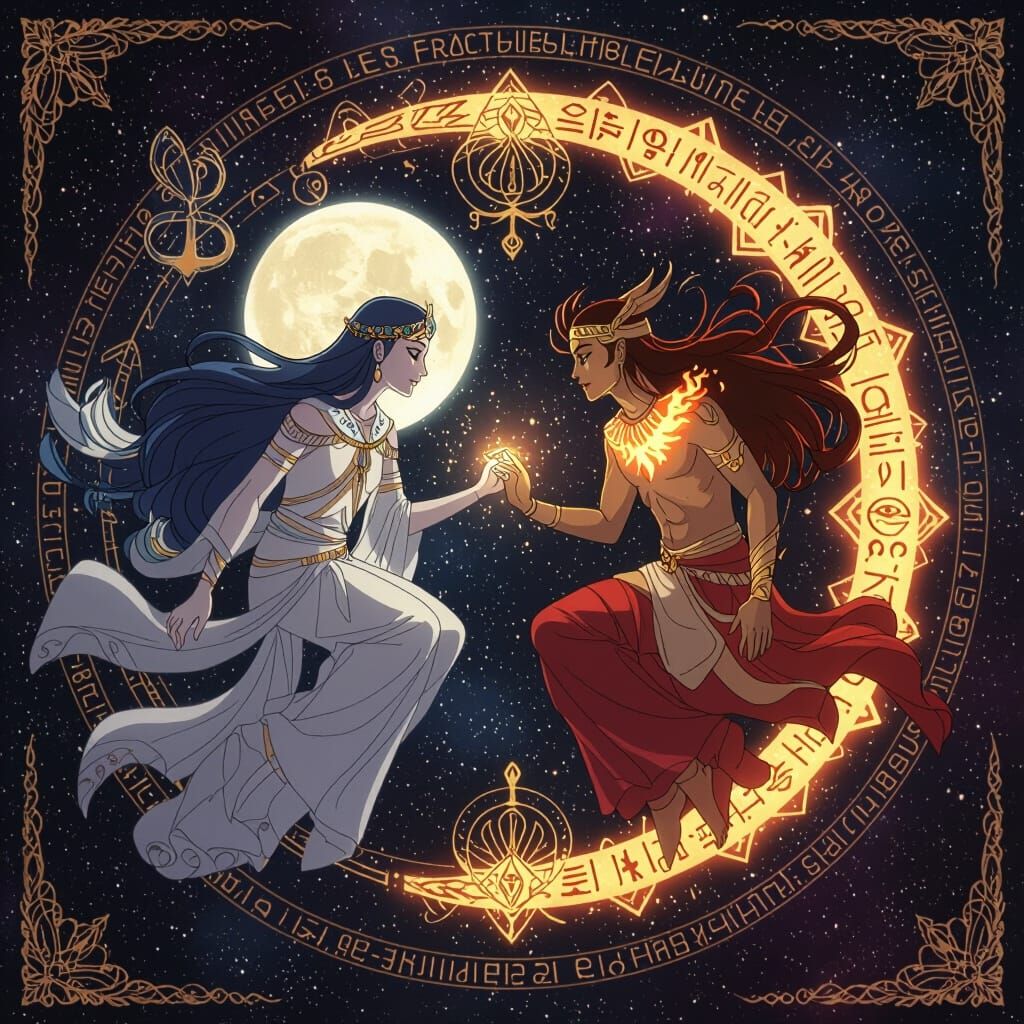 Celestial Lovers in Cosmic Void: Anime Cel-Shaded Art