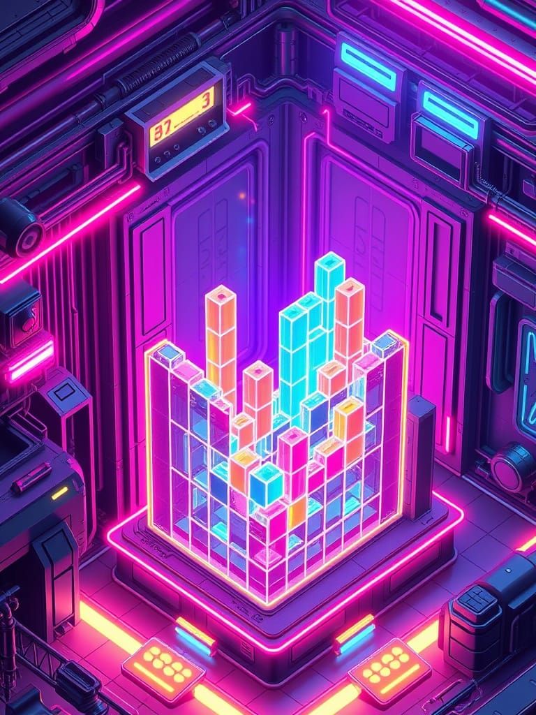 Futuristic Tetris Game Scene in Neon-Lit 3D Technical Drawin...