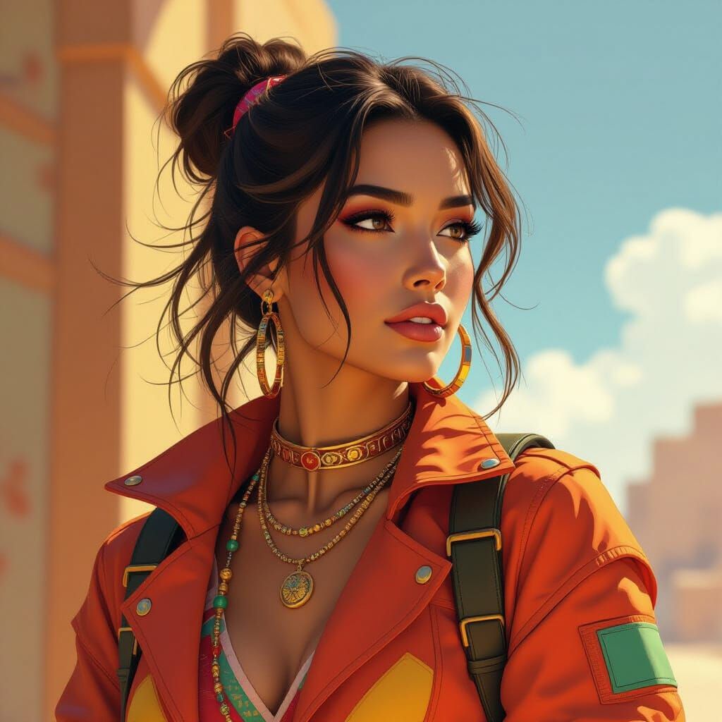 Woman in Vibrant Clothing, in Style of Syd Mead