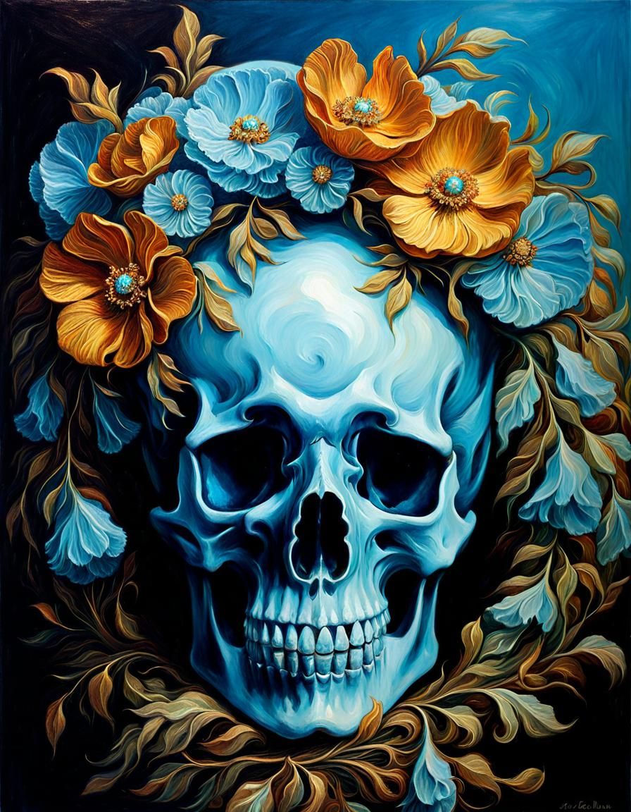 Baroque Skull with Glass Flowers as Oil Painting