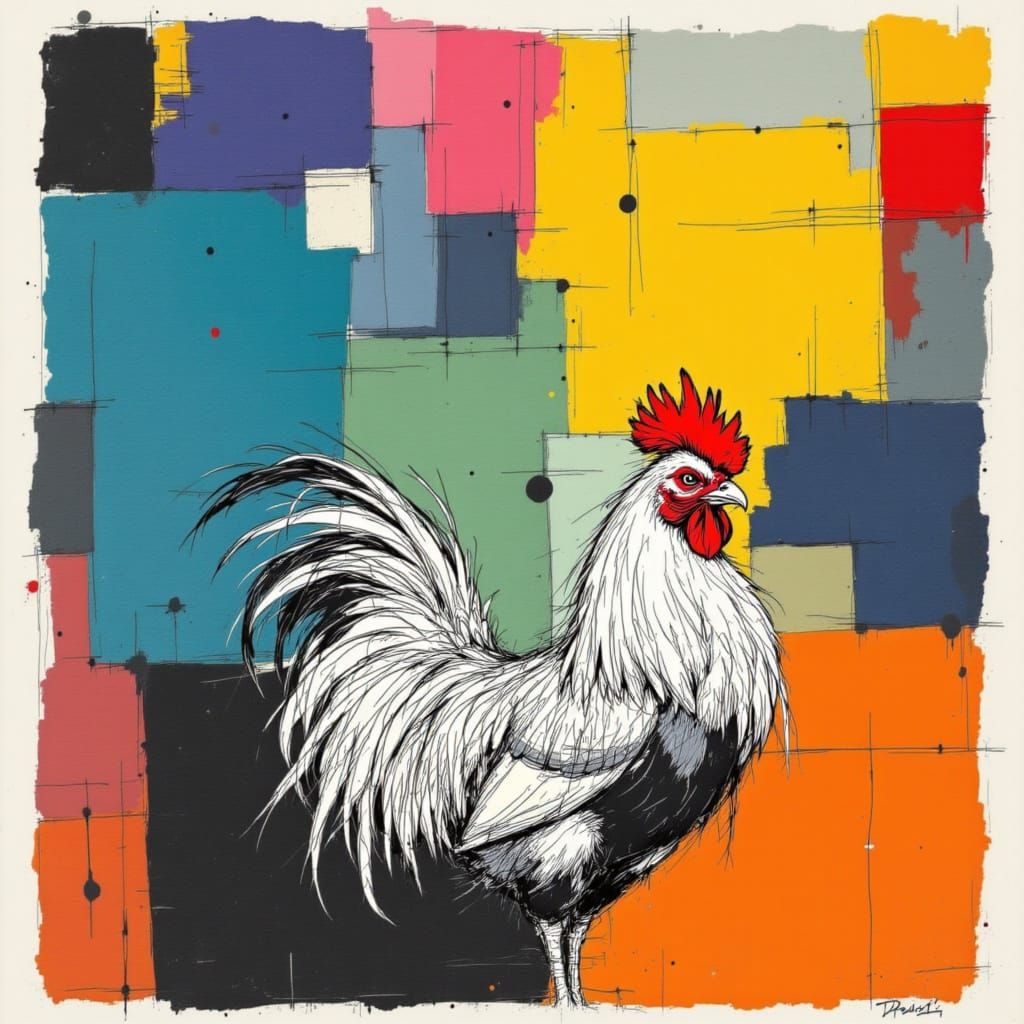 Basquiat-Style Rooster Roars with Bold Expression