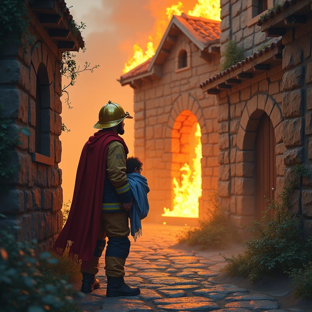Firefighter Rescue in Burning Building, Fantasy Art