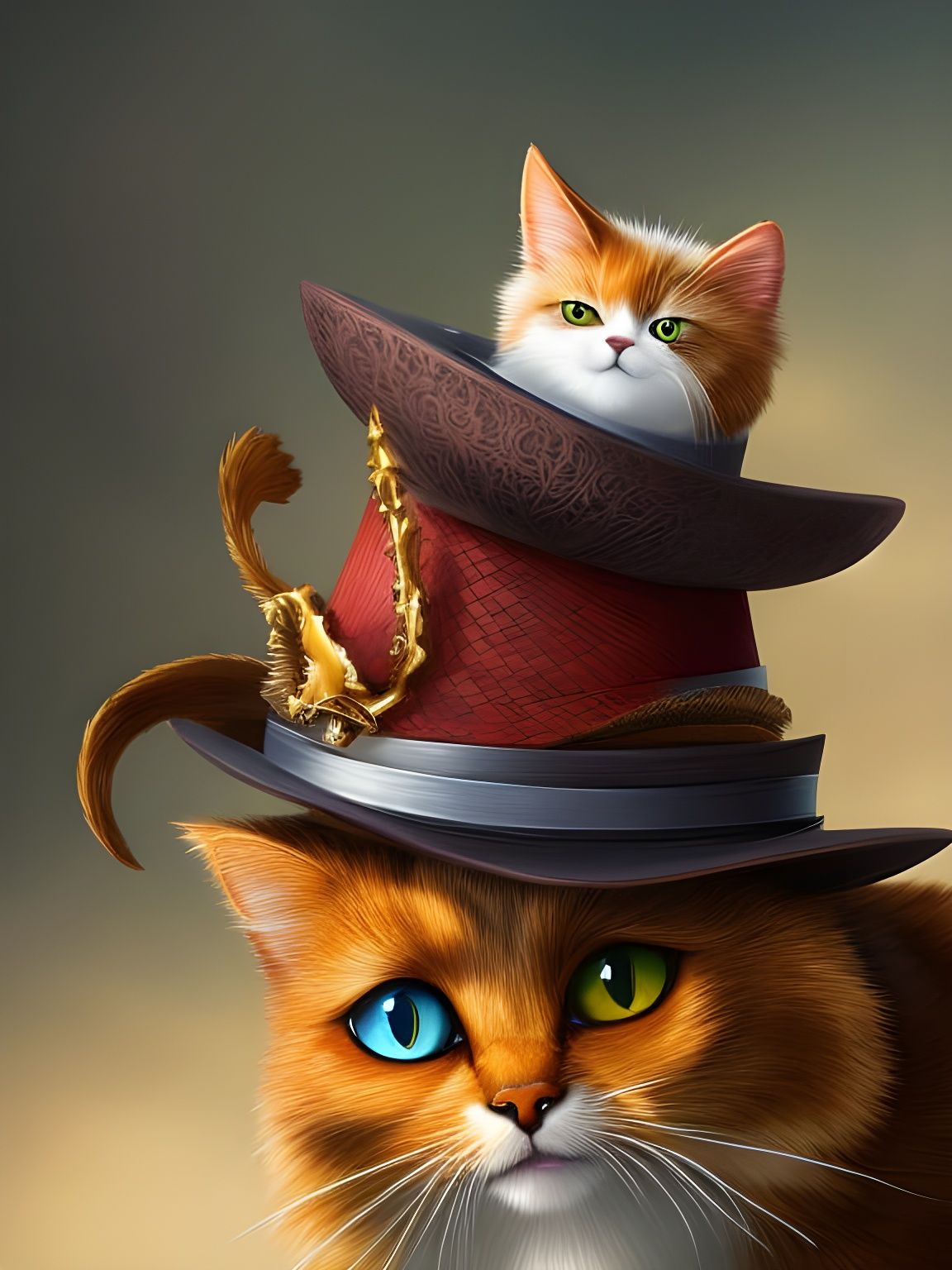 Cat in Tower of Hats: Hyperdetailed Feline Portrait