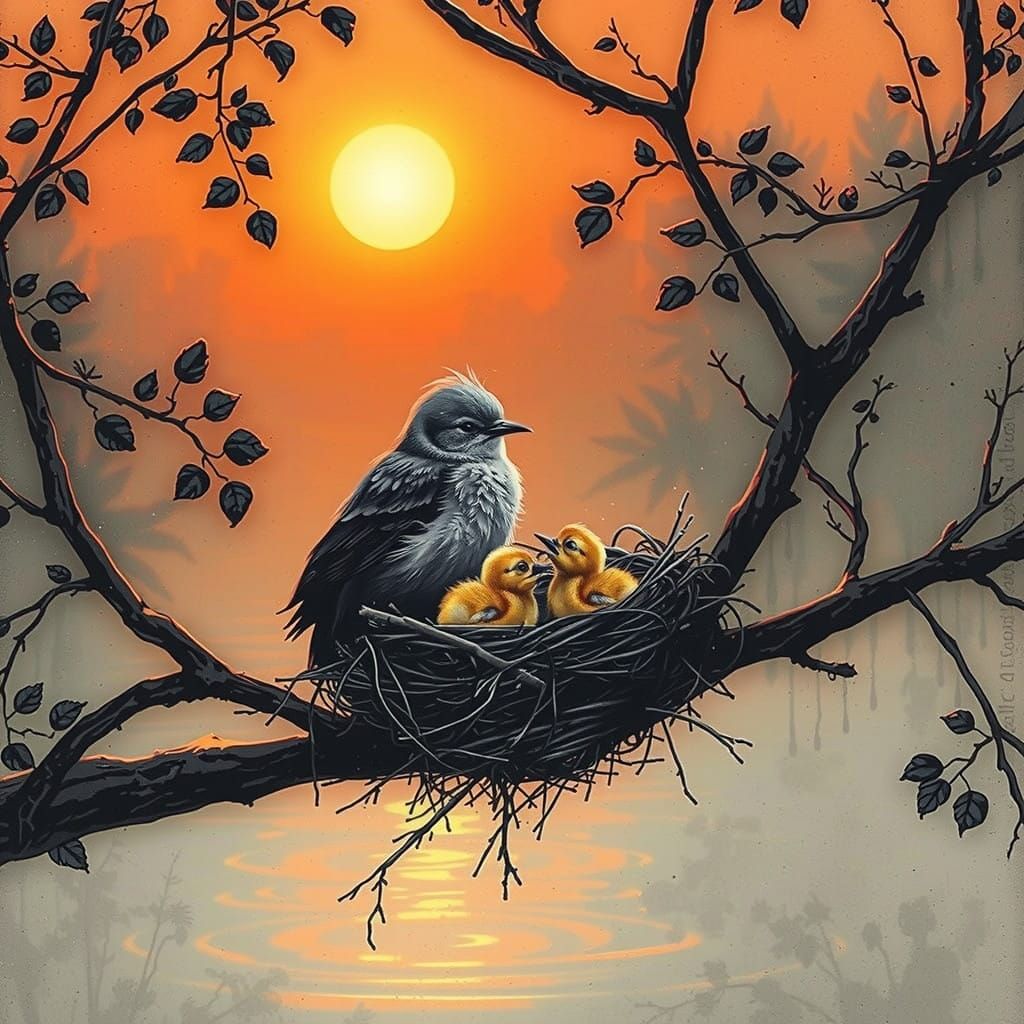 Mother Bird Tucks in Chicks for the Night in a Misty River L...