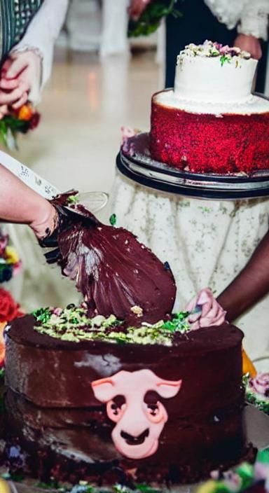Disgusting Pig-Faced Woman Devouring Wedding Cake