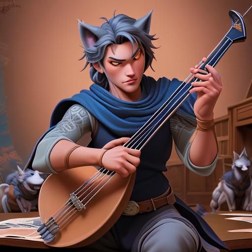 Animated Wolf Plays Lute: Comic Book Art