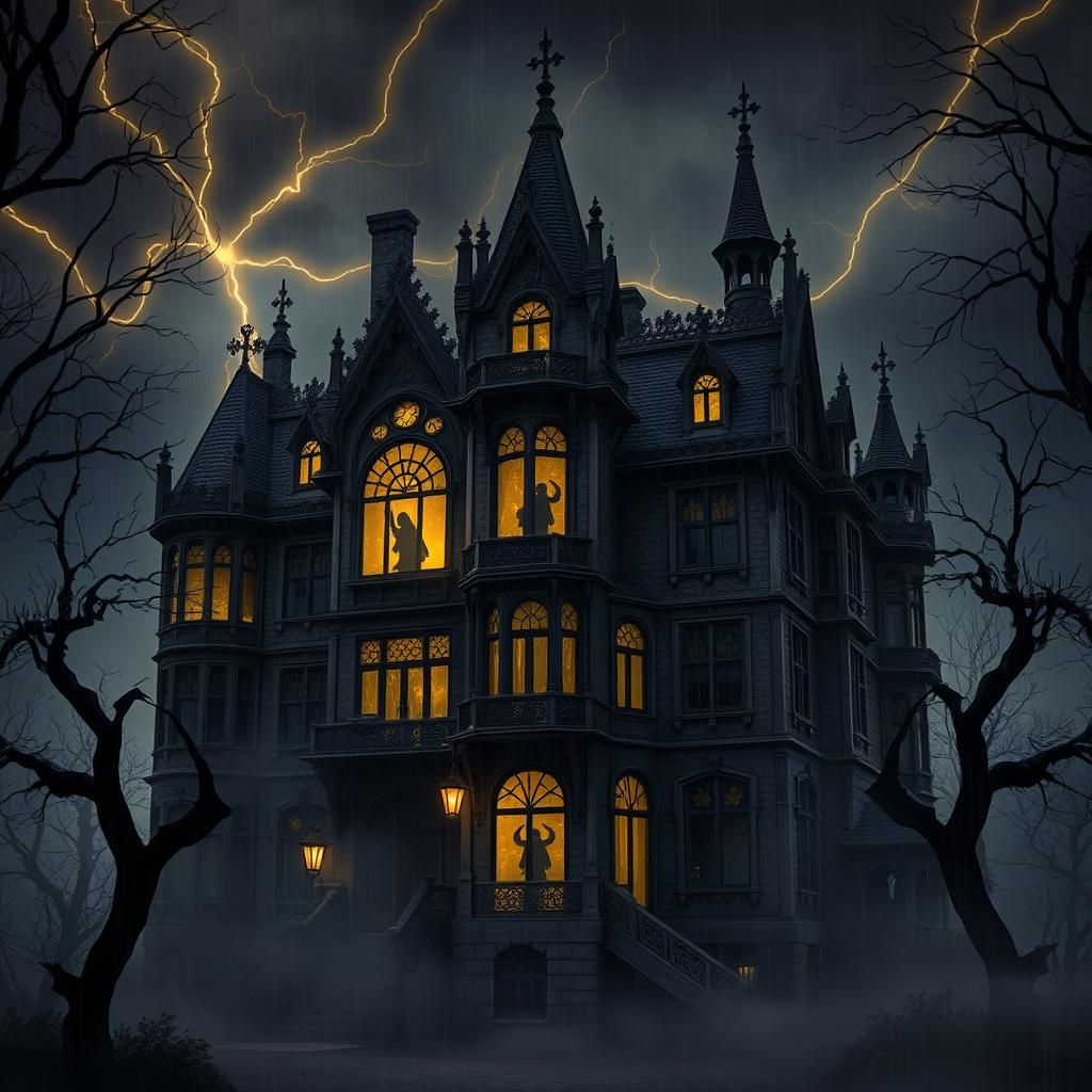 A haunted house whose features resemble a ghost face, dark r...