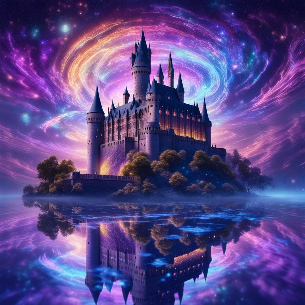 Hogwarts Castle in Cosmic Holographic Illustration