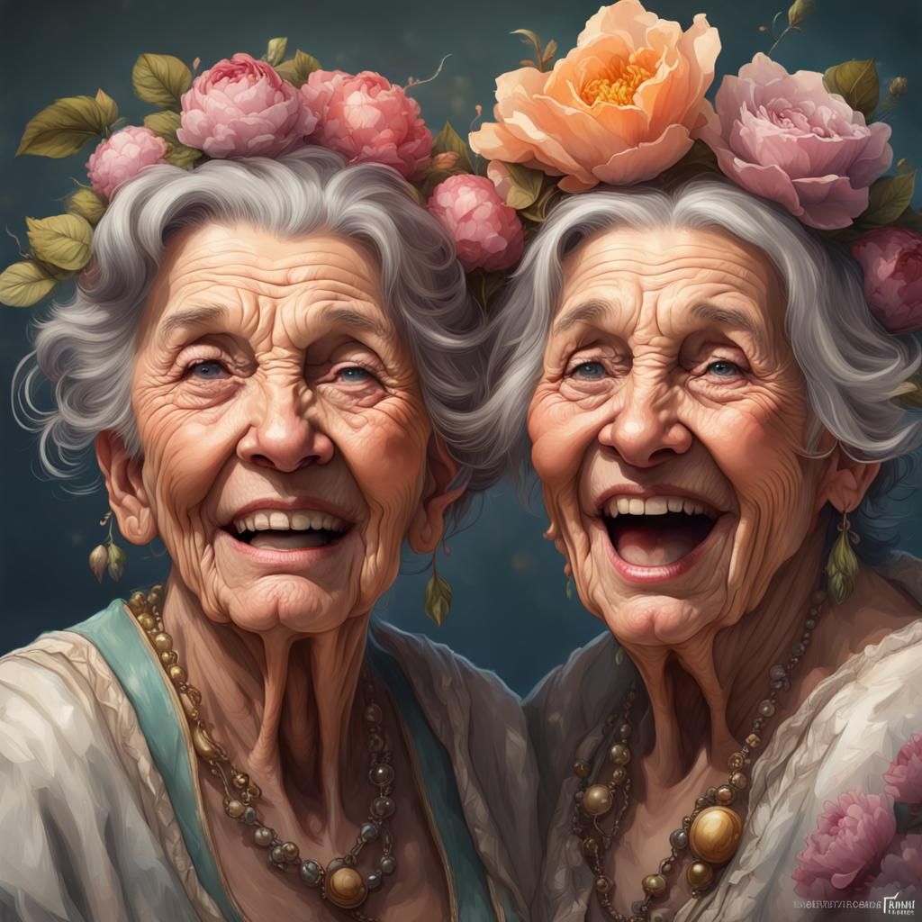 two very old ladies, friends, they have so much fun that they really burst out laughing with each other, wonderful, fun,...
