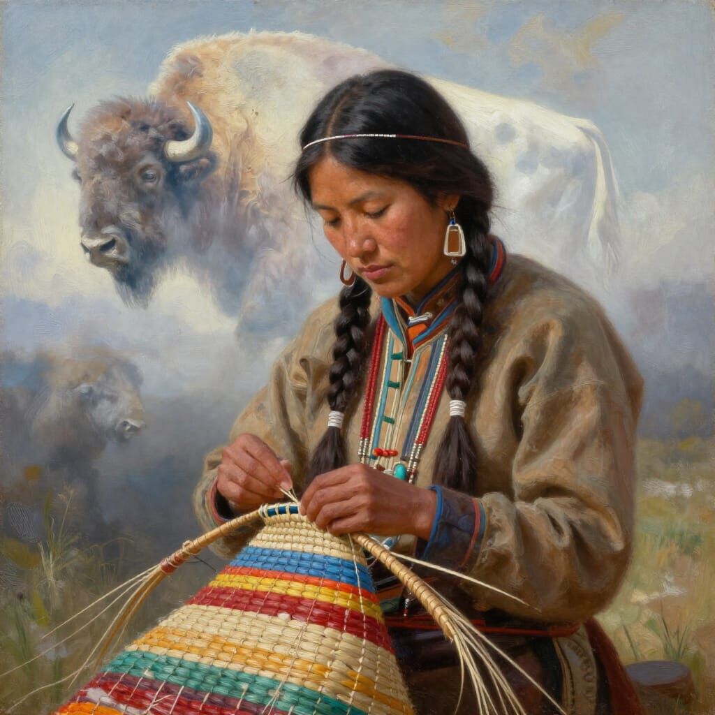 Native American Woman Weaving Basket with Bison Spirit Cloud...