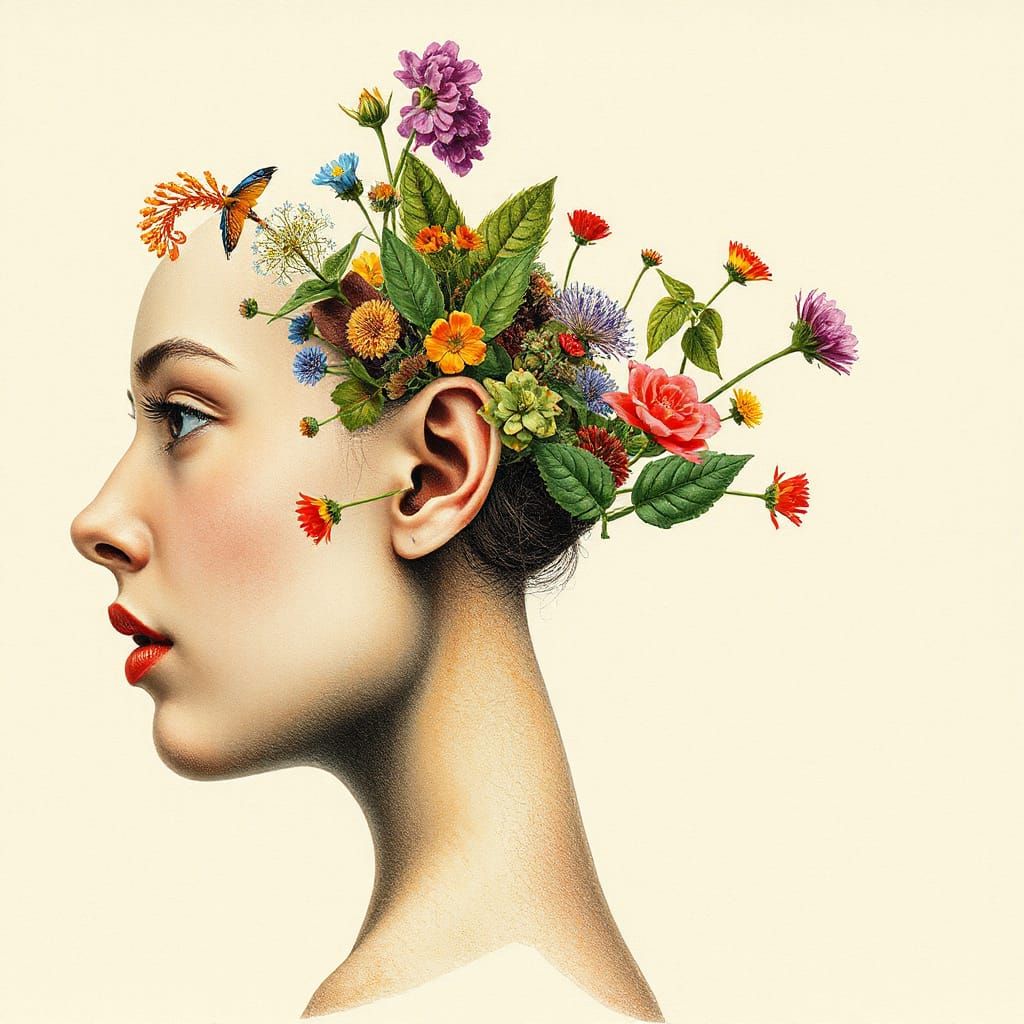 Surreal Head with Colorful Plants