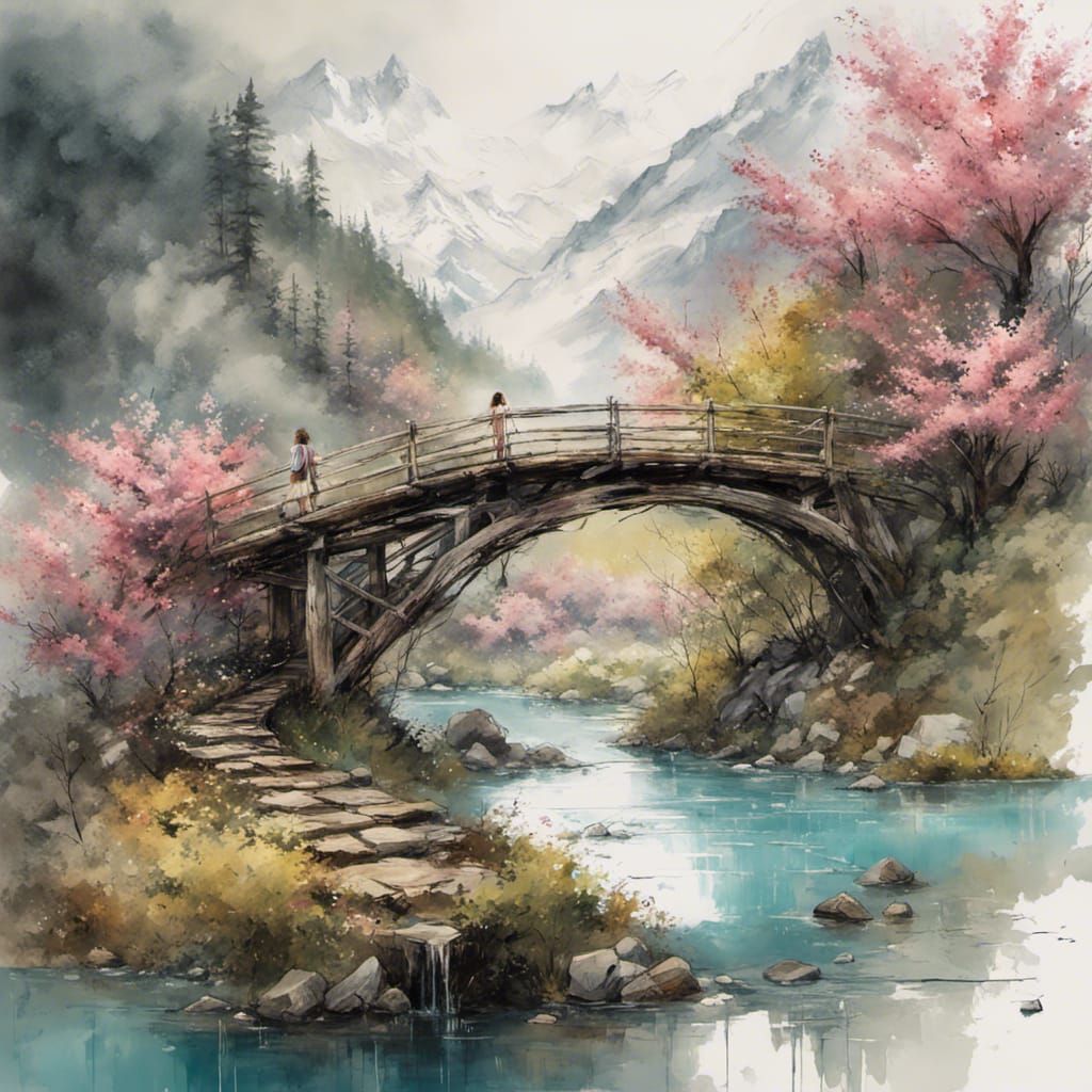 Himalayan Bridge Scene in Silk Screen Watercolour Style