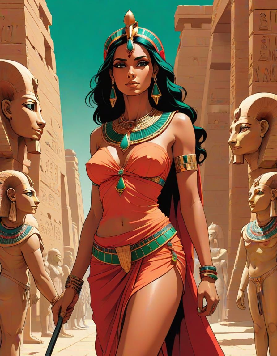 Egyptian Princess Amidst Cryosphinxes in Ancient Thebes