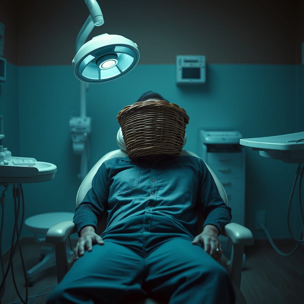 Surrealist Dentist Scene in Mysterious Wicker Basket