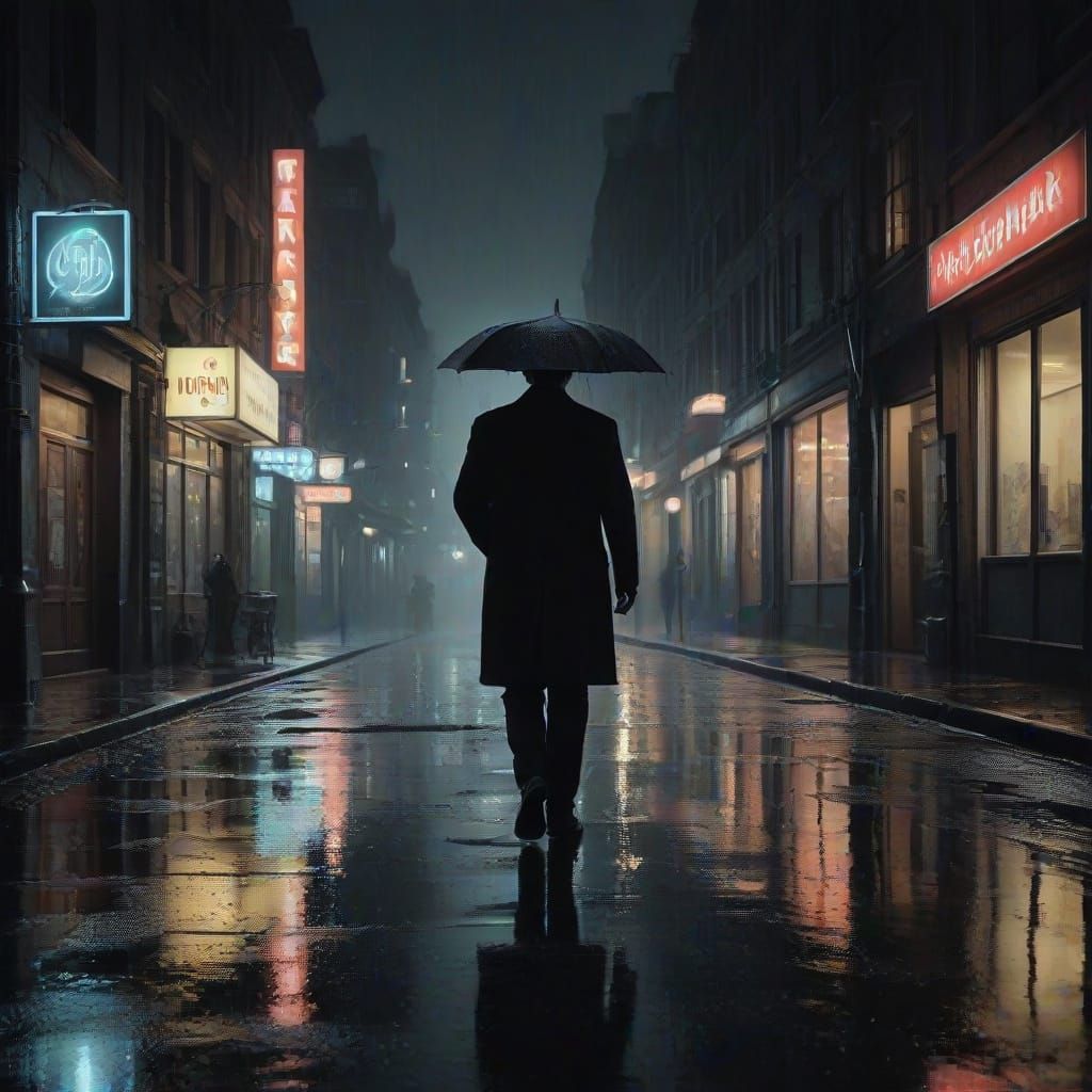 Rain-Soaked City Street at Night in Neo-Noir Style