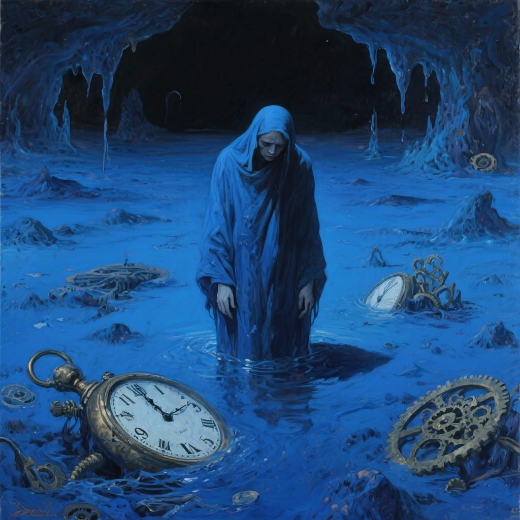 Surreal Blue Figure in Melting Landscape