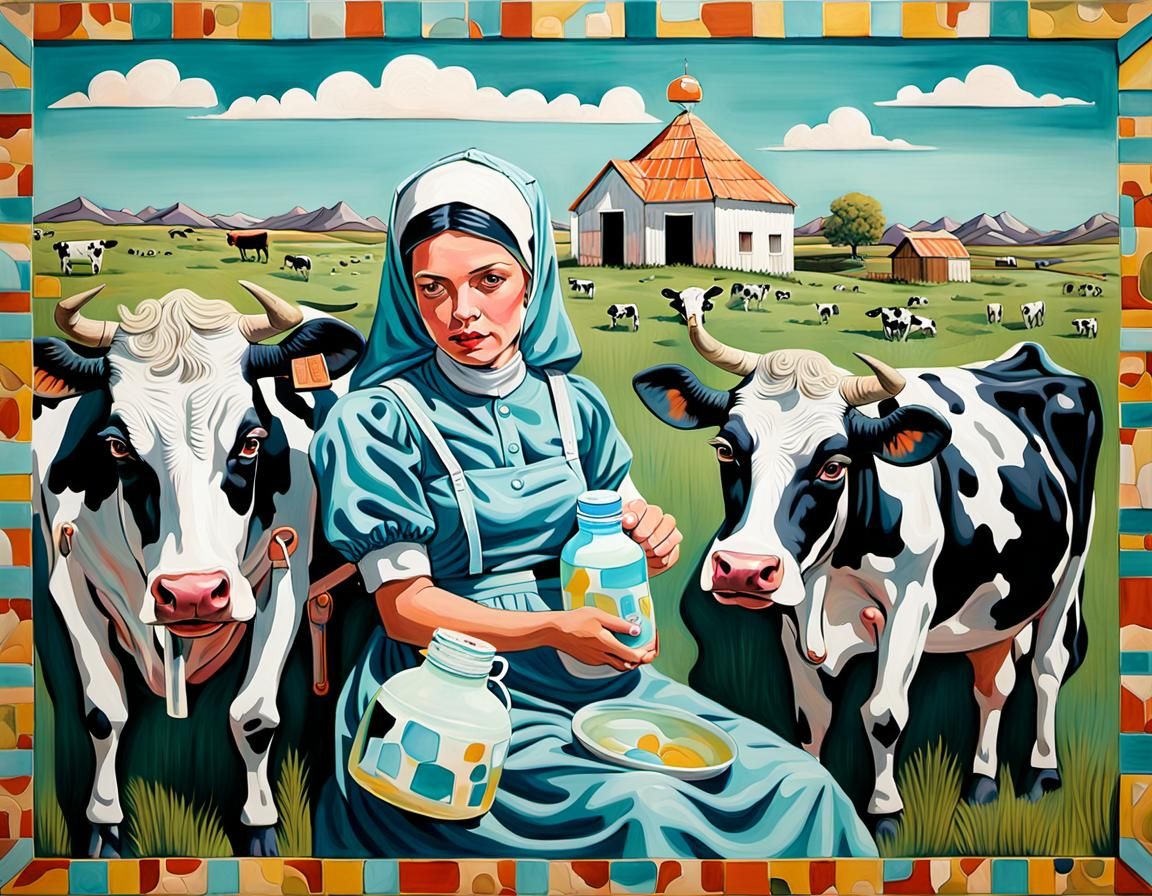 Surreal Bovine Milkmaid Nurse in Pop Pastoral Style