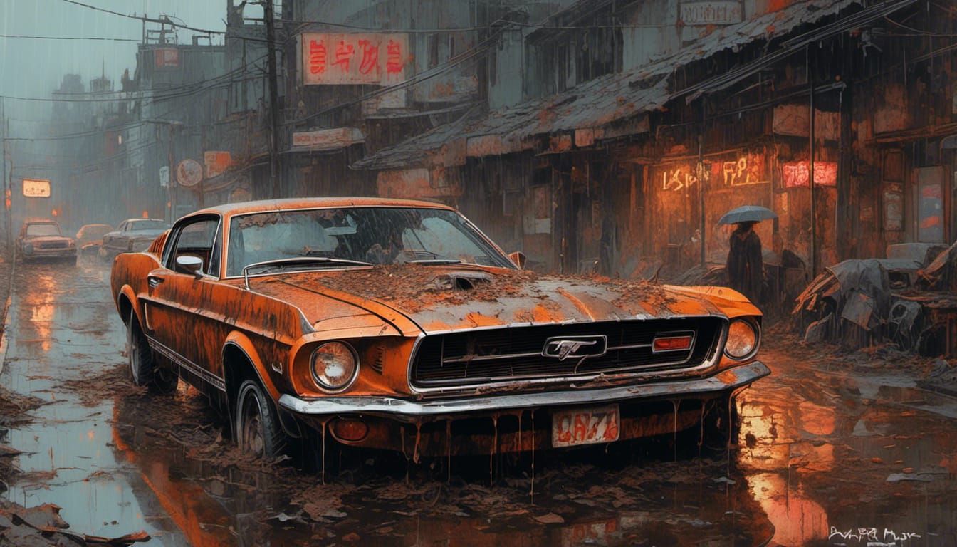 Decaying 1977 Mustang on Post-Apocalyptic Street