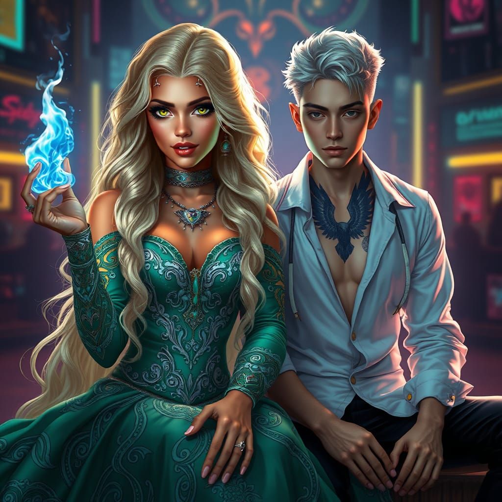 Cyberpunk Maiden with Ethereal Flames in Synthwave Dreamscap...