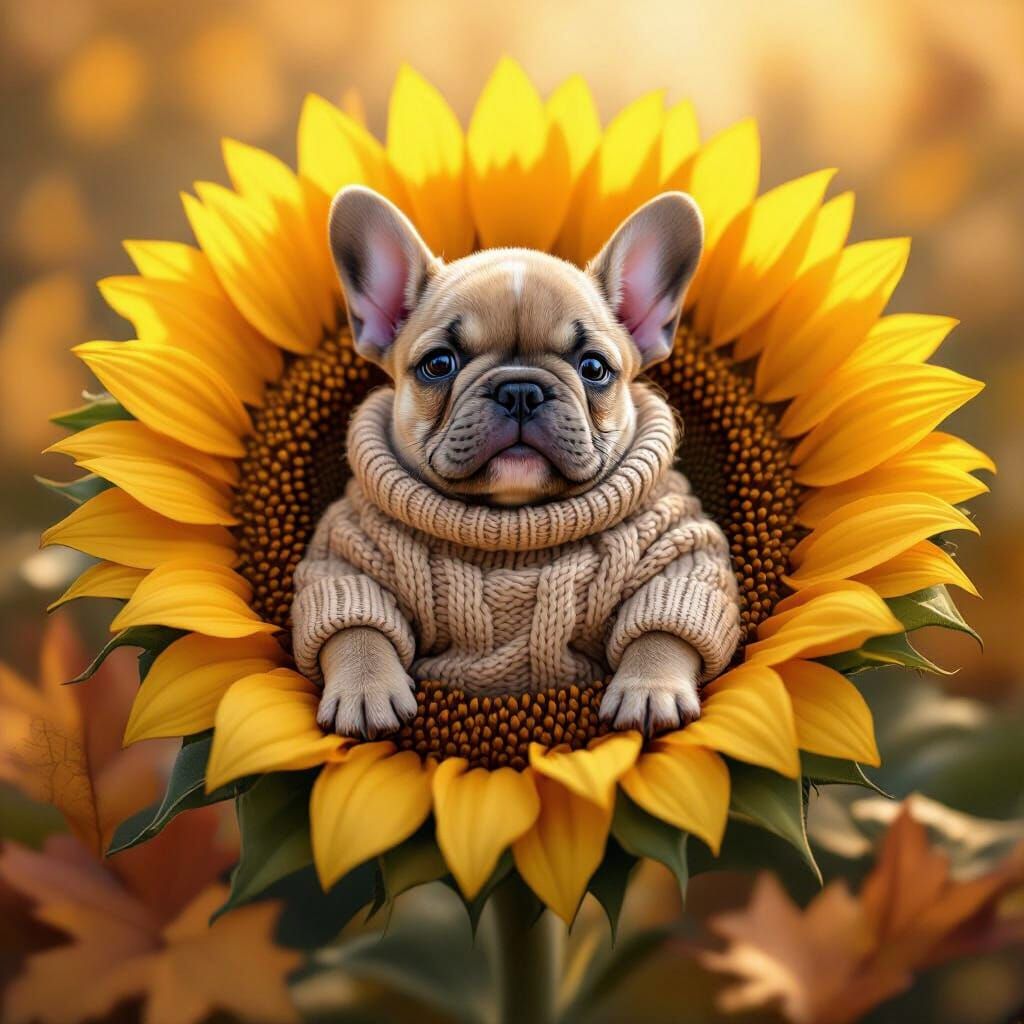 Adorable French Bulldog in Sunflower, Autumn Vibes