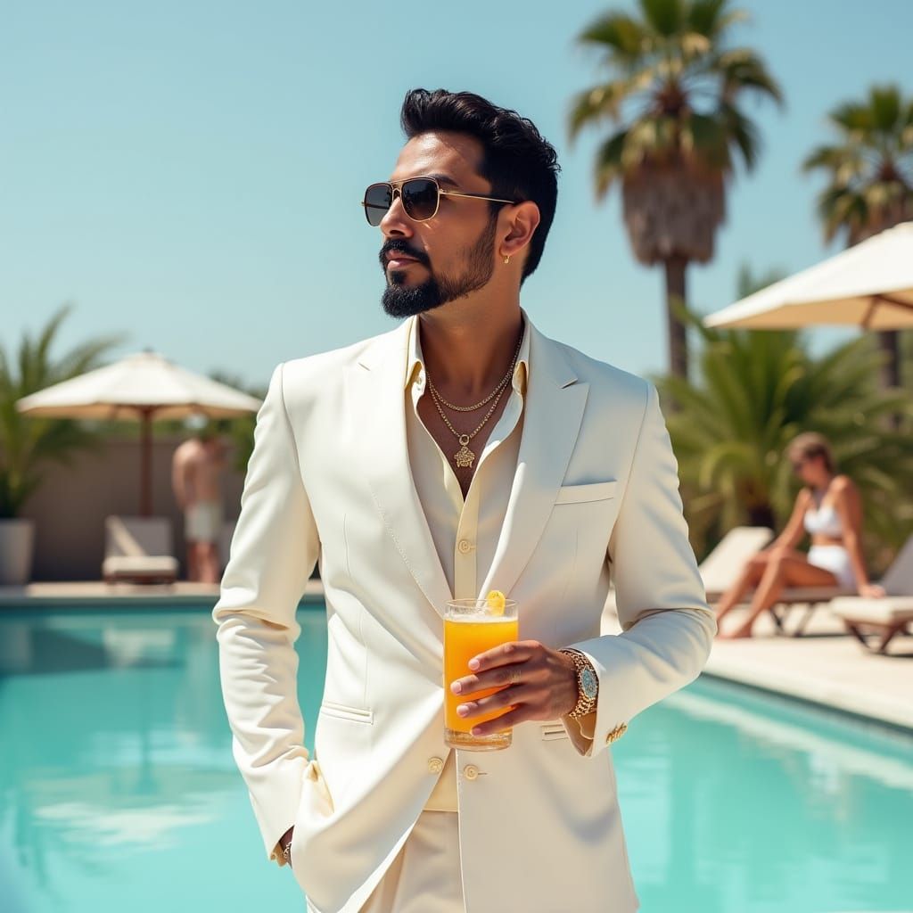 Man in White Blazer by Pool With Palm Trees