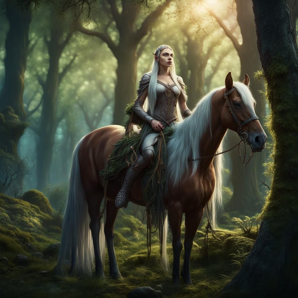 Elven Druid and Horse in Forest Glade