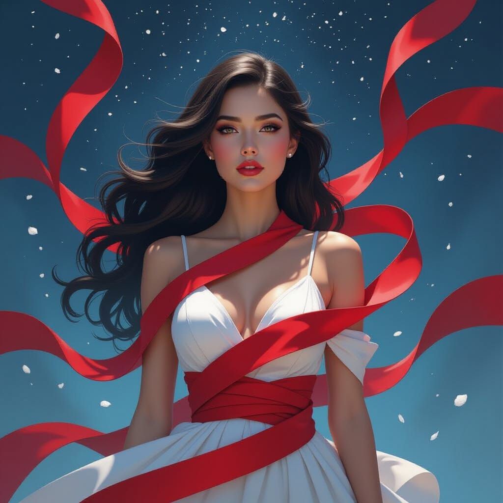 Cosmic Dance: Woman with Red & Black Ribbons in Dynamic Styl...