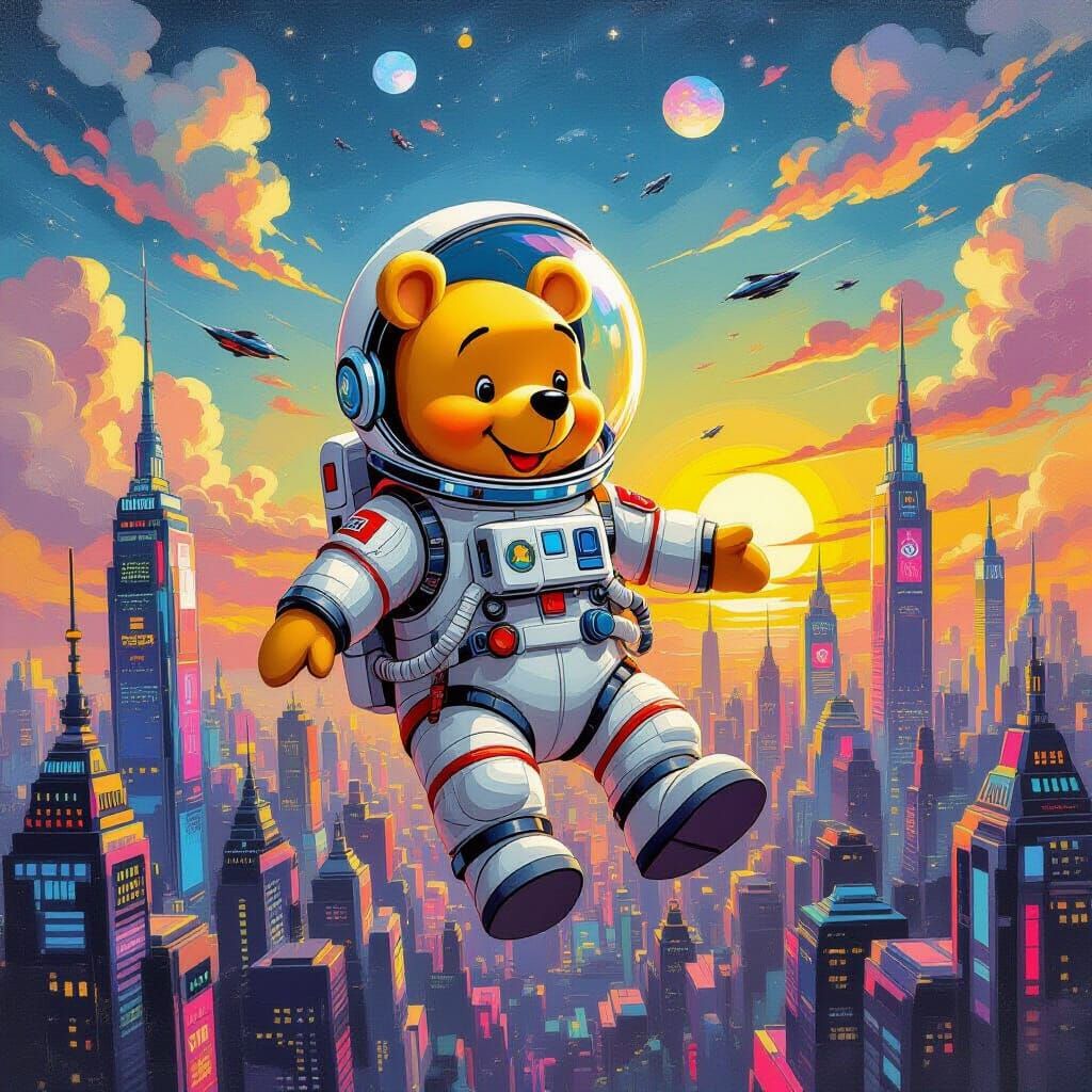 Winnie the Pooh Explores a Futuristic City in Space