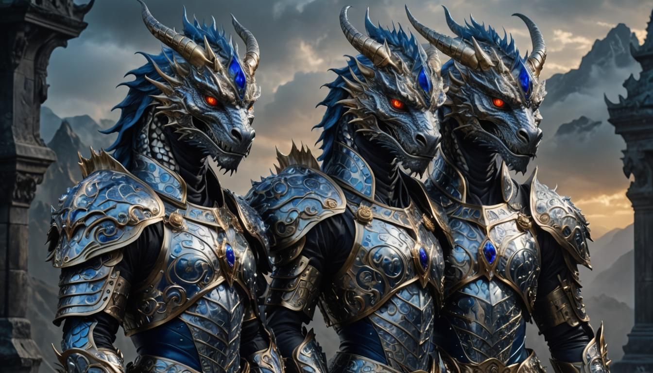 Armored Three-Headed Dragon with Sapphire Inlays