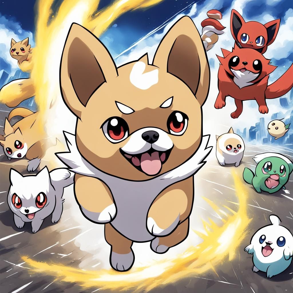Puggle Pokemon Battles Pomeranian in Anime Style