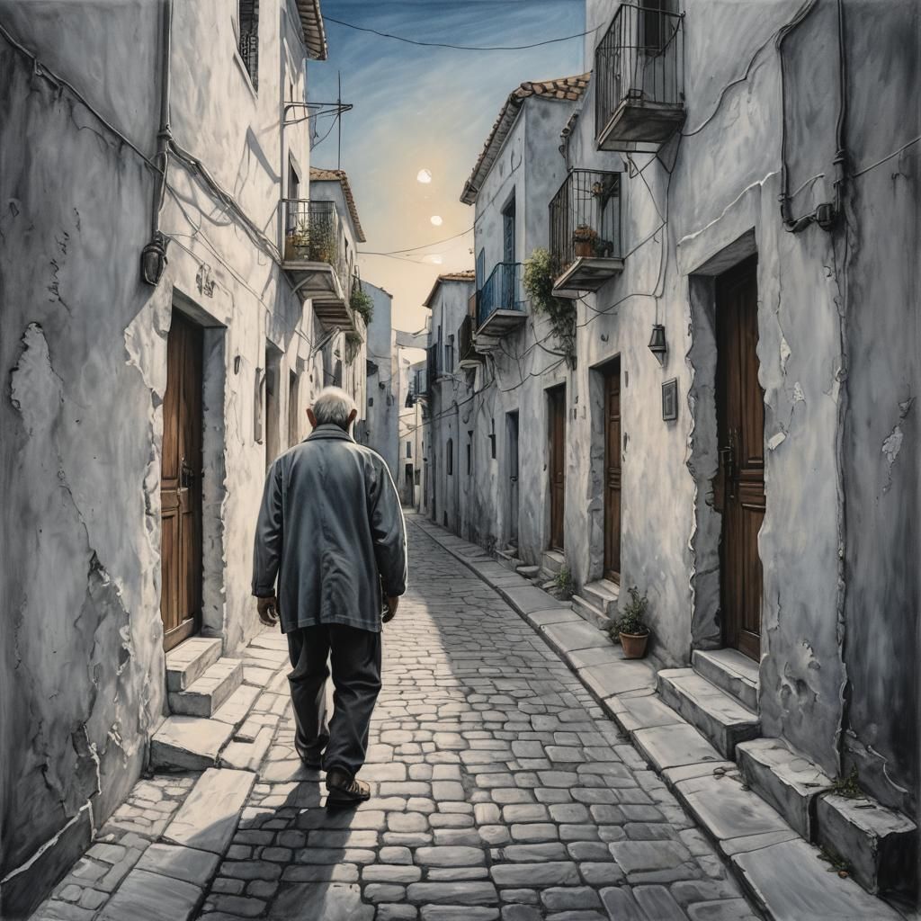 Mediterranean Alley: Solitary Man in Charcoal