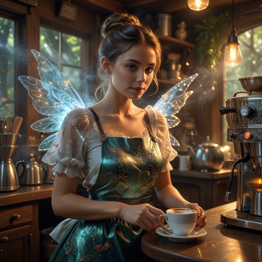 Fae Barista Serving Coffee in Magical Forest Cafe