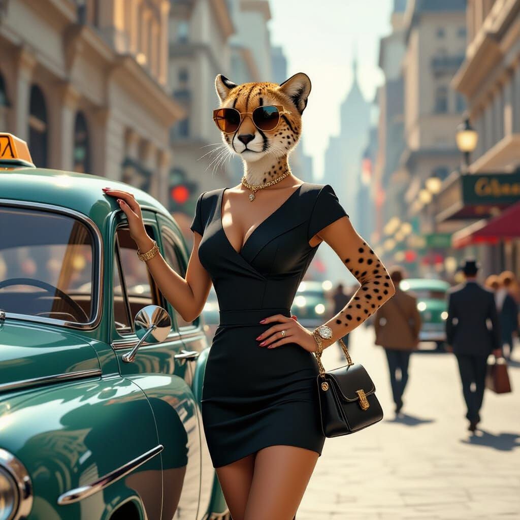 Cheetah Hailing Taxi in Art Nouveau City Square