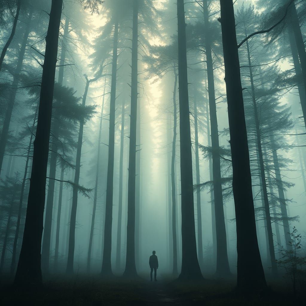 Ethereal Figure in Misty Forest Landscape